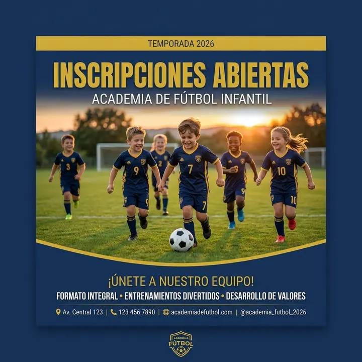 Pieza para Instagram de una academia de fútbol, en azul marino y dorado, con el titular Inscripciones abiertas.