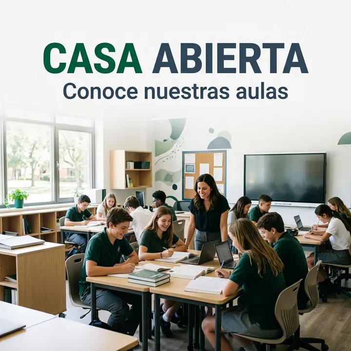 Pieza para Instagram de un colegio, en verde institucional, con el titular Casa abierta y la bajada Conoce nuestras aulas.